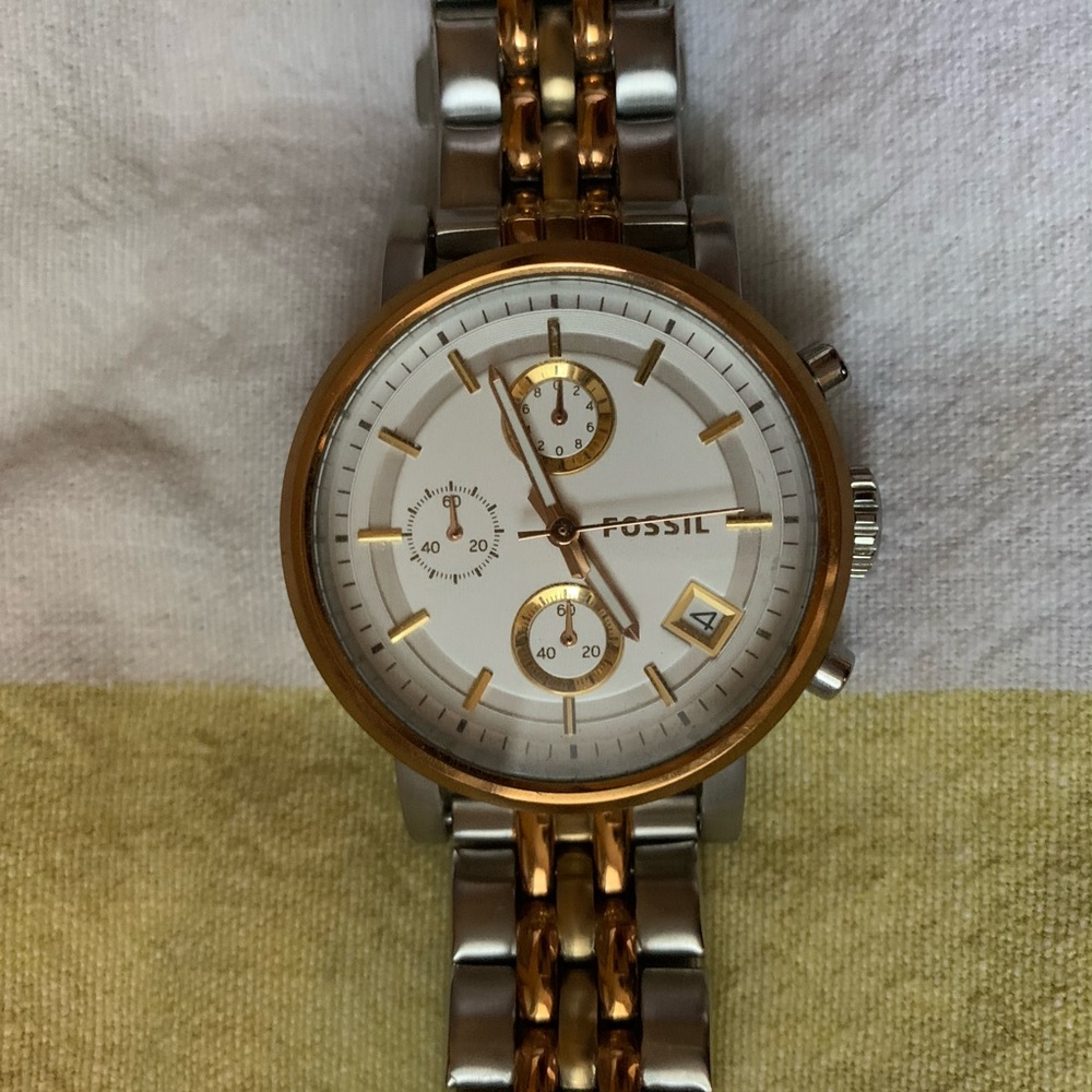 Silver, Gold & Rose Gold Fossil Chronograph Watch